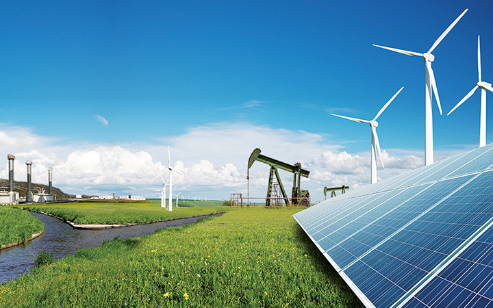 Landscape with solar panels, windmills, oil rig and river
